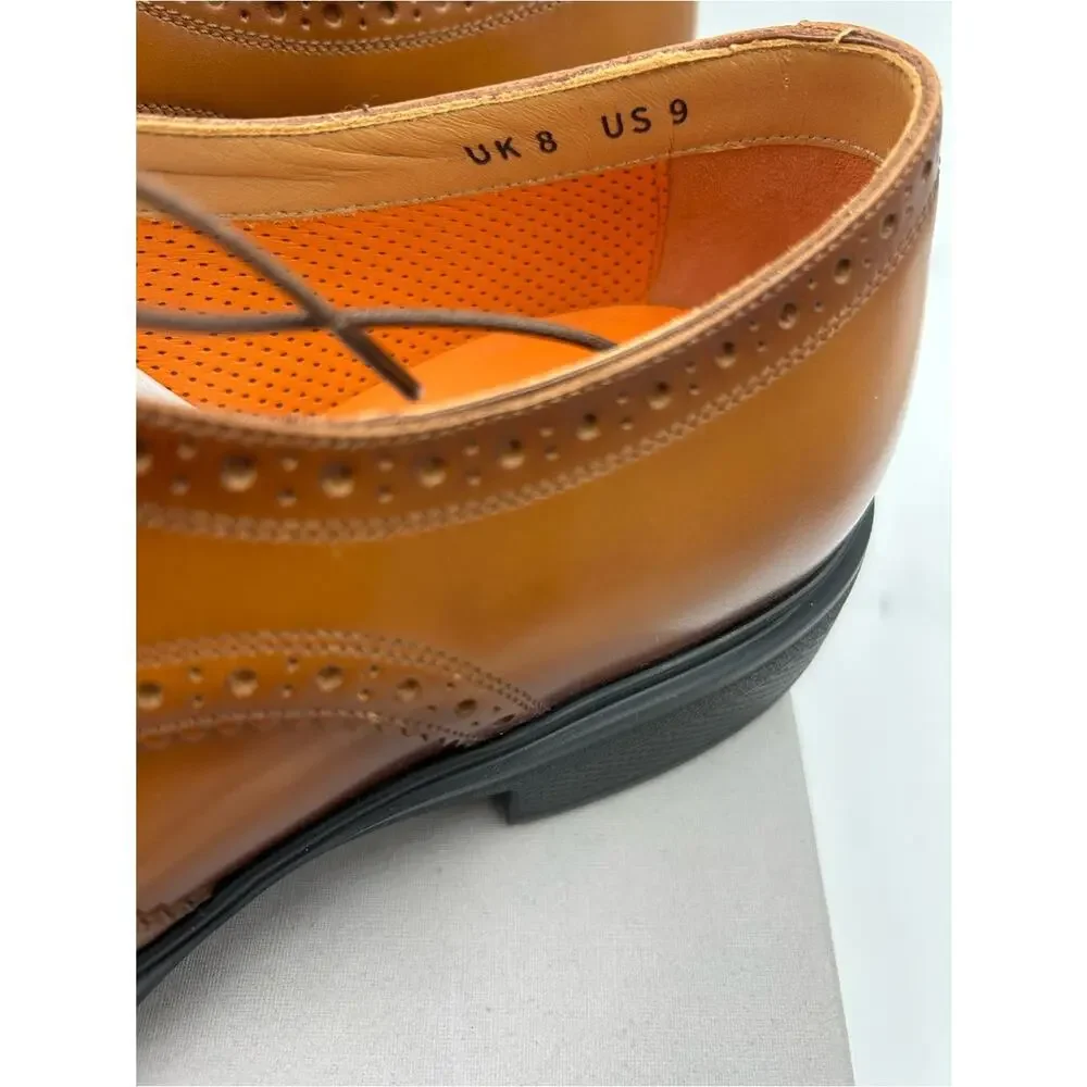 Men's Santoni easy wing tip brown burnished leather size 9 US made in Italy